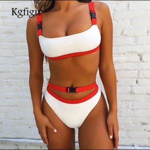White and red buckle bathing suit